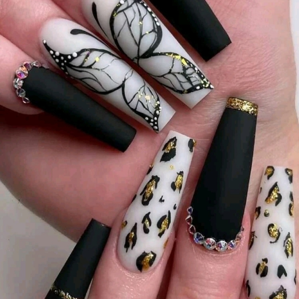 24 pcs. Long Coffin 3D Rhinestone Press On Nails